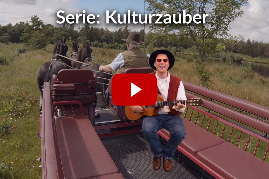 Ein Musiker mit Gitarre sitzt auf einem Pferdewagen und fährt durch die Landschaft