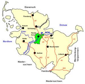Karte von Schleswig-Holsein mit Lage der Eider- und Kanalregion Rendsburg